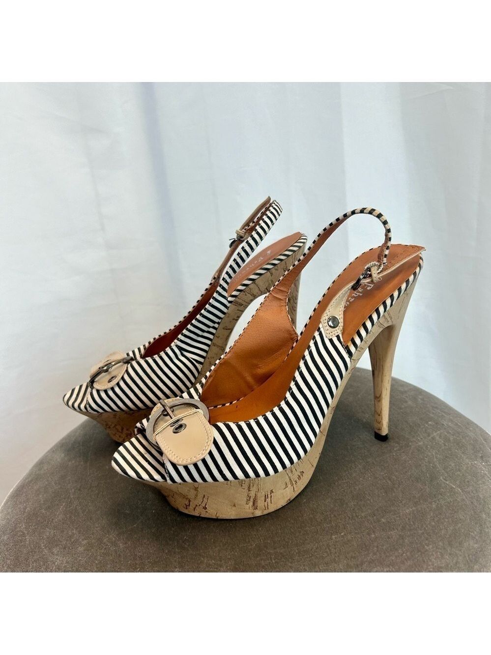 Fahrenheit black white striped buckle Slingback platform stiletto high heels 8.5